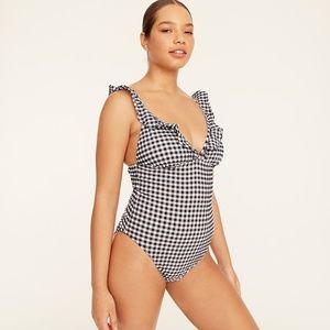 Ruffle V-neck one-piece in gingham